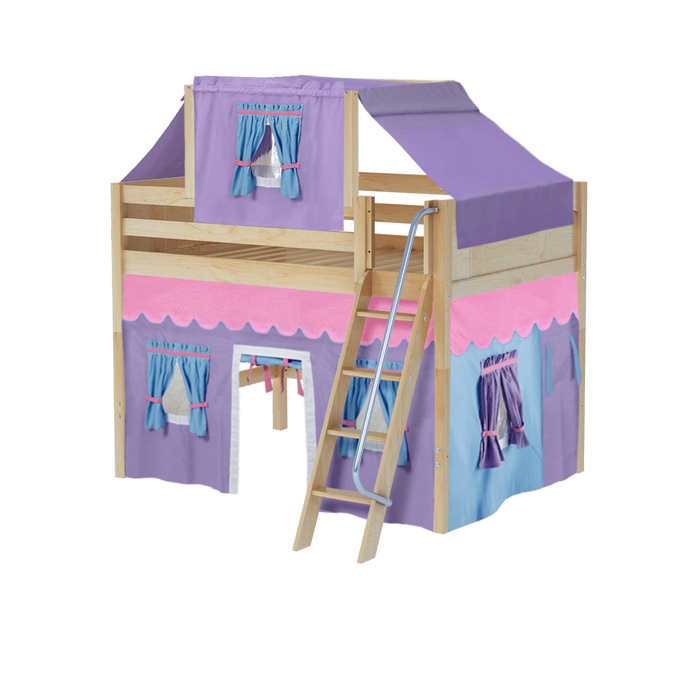 Maxtrix Full Mid Loft Bed with Angled Ladder, Curtain + Top Tent