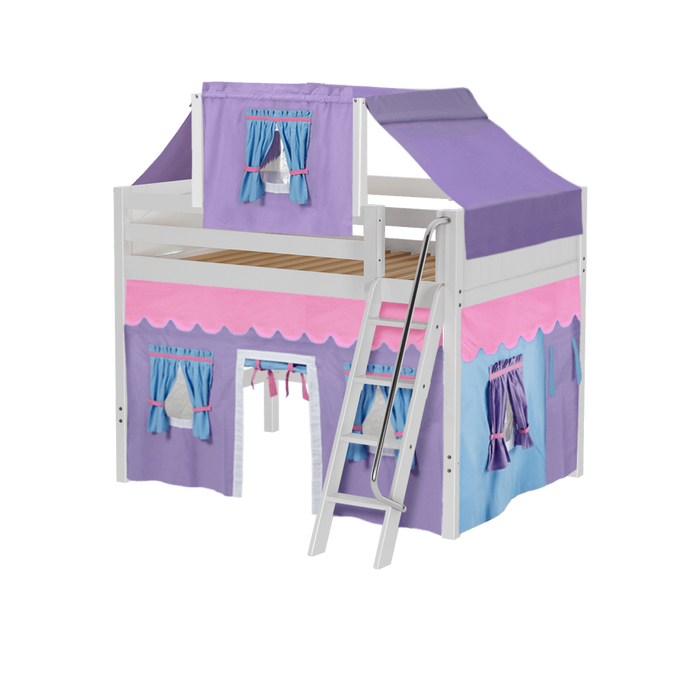 Maxtrix Full Mid Loft Bed with Angled Ladder, Curtain + Top Tent