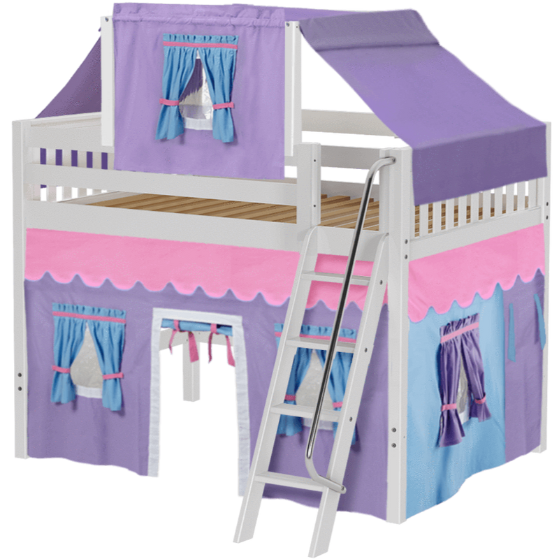 Maxtrix Full Mid Loft Bed with Angled Ladder, Curtain + Top Tent