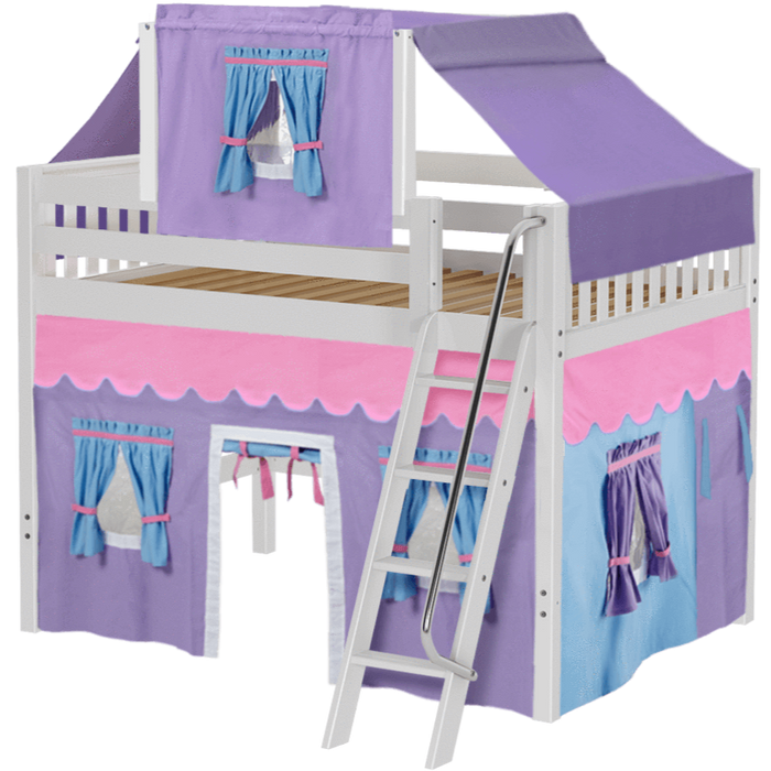 Maxtrix Full Mid Loft Bed with Angled Ladder, Curtain + Top Tent
