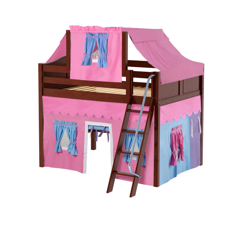 Maxtrix Full Mid Loft Bed with Angled Ladder, Curtain + Top Tent