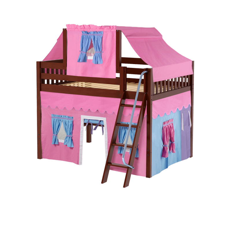 Maxtrix Full Mid Loft Bed with Angled Ladder, Curtain + Top Tent