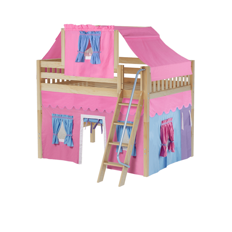Maxtrix Full Mid Loft Bed with Angled Ladder, Curtain + Top Tent