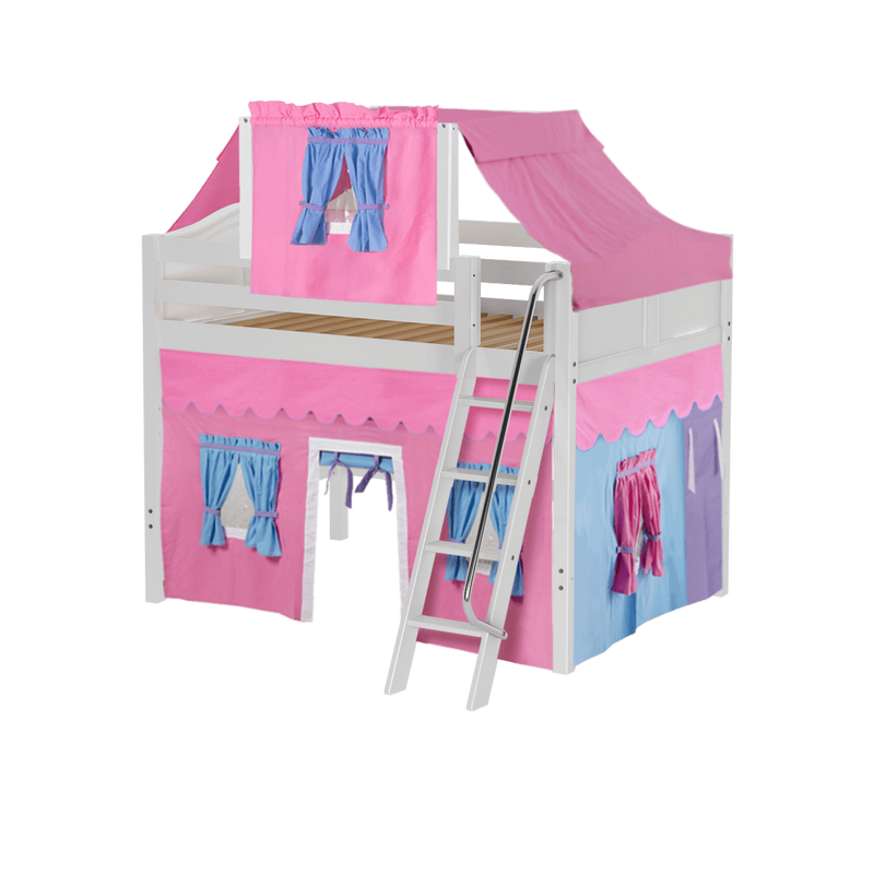 Maxtrix Full Mid Loft Bed with Angled Ladder, Curtain + Top Tent