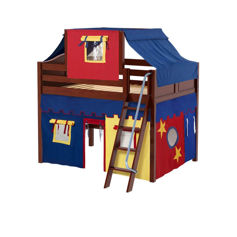 Maxtrix Full Mid Loft Bed with Angled Ladder, Curtain + Top Tent