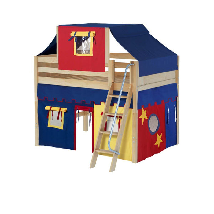 Maxtrix Full Mid Loft Bed with Angled Ladder, Curtain + Top Tent