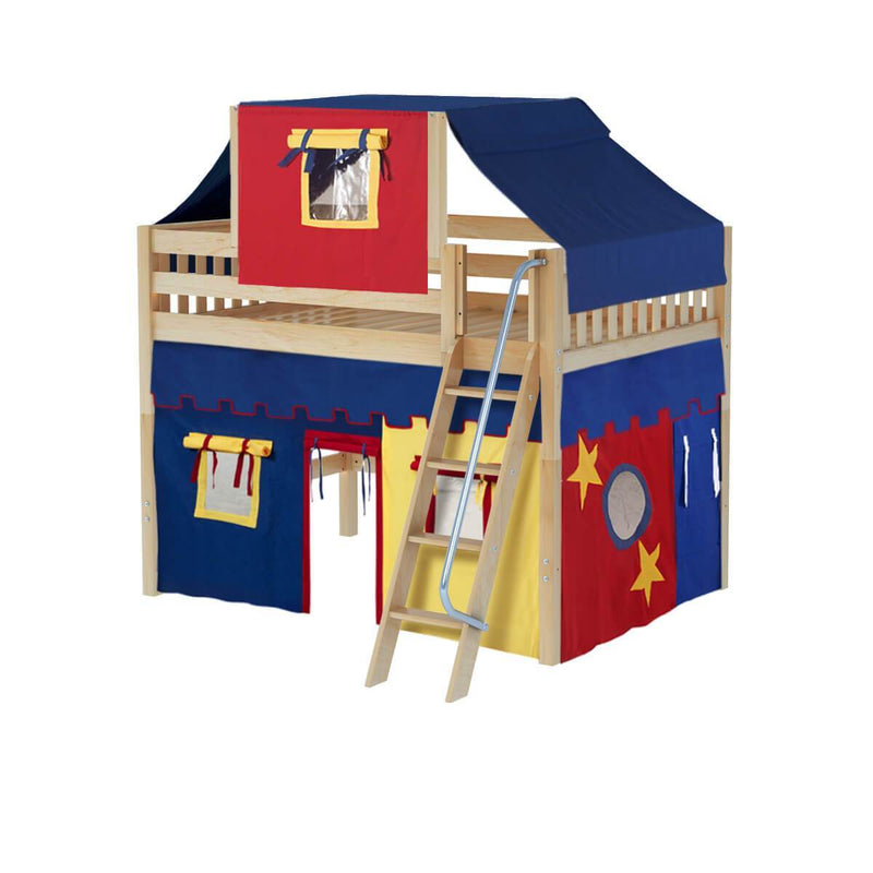 Maxtrix Full Mid Loft Bed with Angled Ladder, Curtain + Top Tent