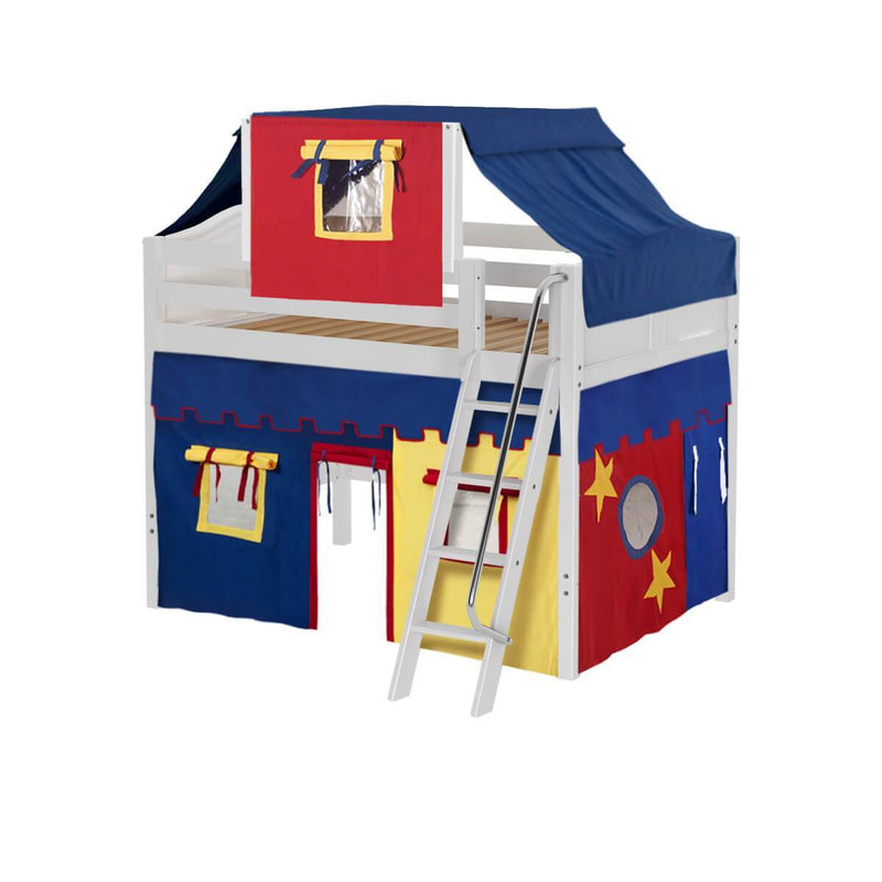 Maxtrix Full Mid Loft Bed with Angled Ladder, Curtain + Top Tent