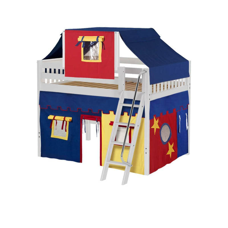 Maxtrix Full Mid Loft Bed with Angled Ladder, Curtain + Top Tent