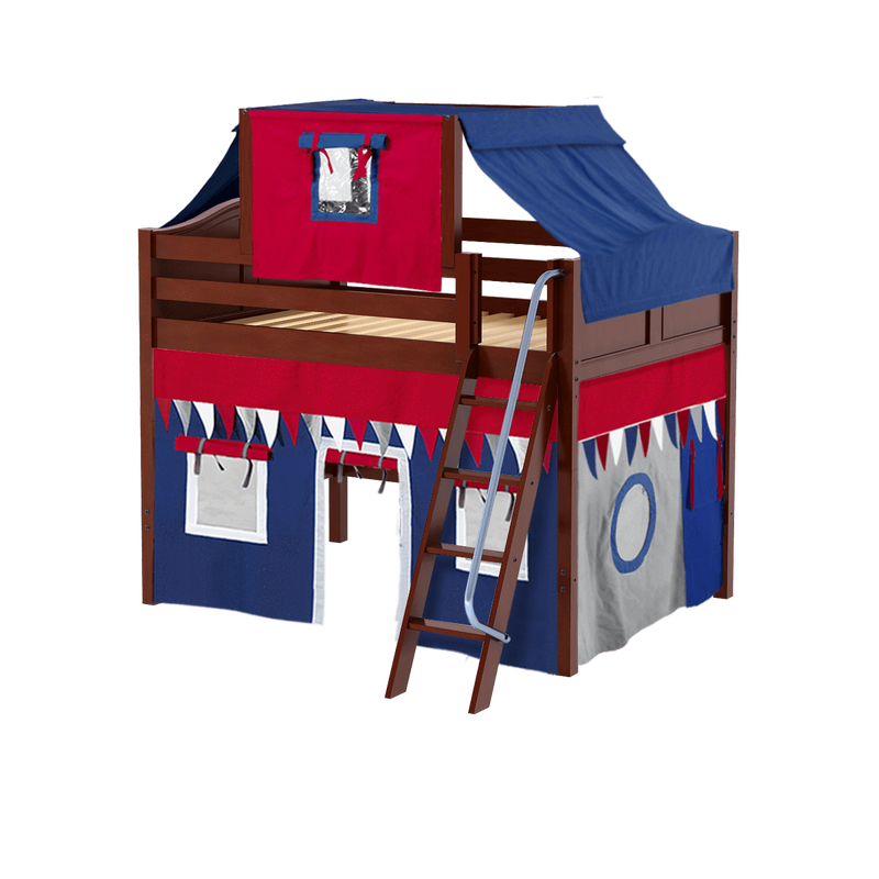 Maxtrix Full Mid Loft Bed with Angled Ladder, Curtain + Top Tent