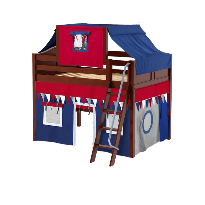 Maxtrix Full Mid Loft Bed with Angled Ladder, Curtain + Top Tent