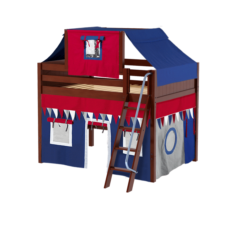 Maxtrix Full Mid Loft Bed with Angled Ladder, Curtain + Top Tent