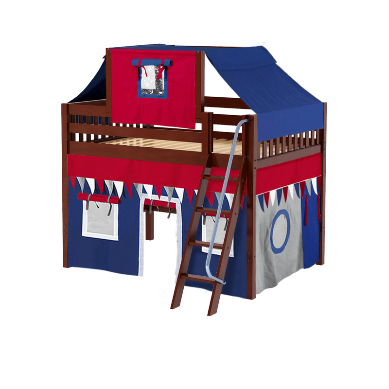 Maxtrix Full Mid Loft Bed with Angled Ladder, Curtain + Top Tent