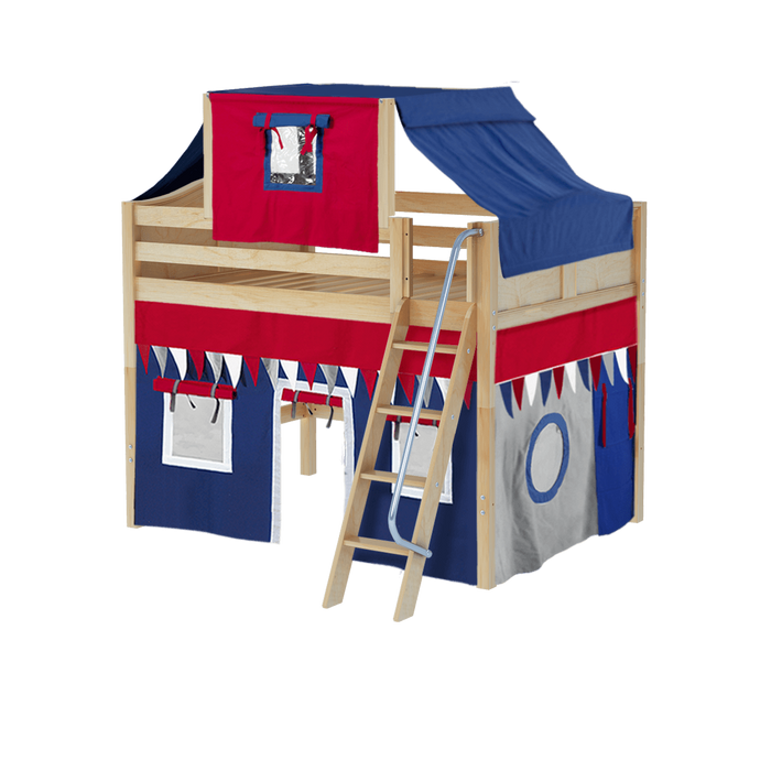 Maxtrix Full Mid Loft Bed with Angled Ladder, Curtain + Top Tent