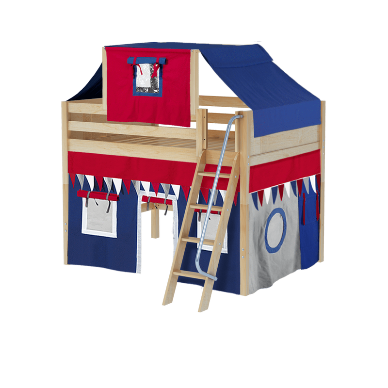 Maxtrix Full Mid Loft Bed with Angled Ladder, Curtain + Top Tent