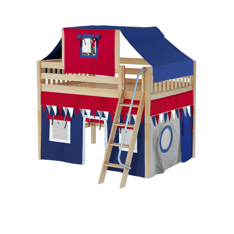 Maxtrix Full Mid Loft Bed with Angled Ladder, Curtain + Top Tent