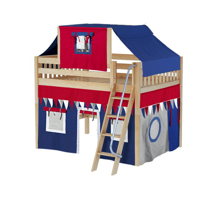 Maxtrix Full Mid Loft Bed with Angled Ladder, Curtain + Top Tent