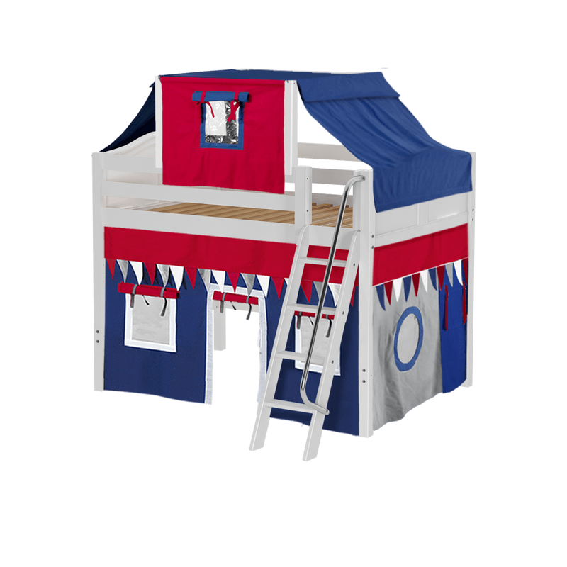 Maxtrix Full Mid Loft Bed with Angled Ladder, Curtain + Top Tent