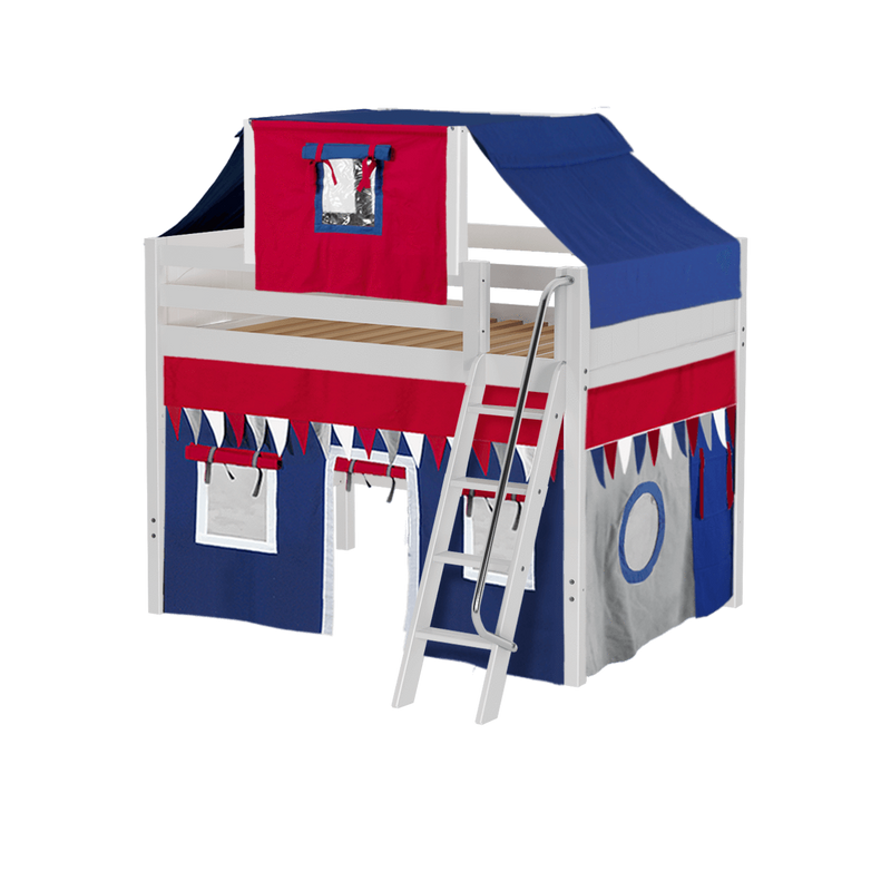 Maxtrix Full Mid Loft Bed with Angled Ladder, Curtain + Top Tent
