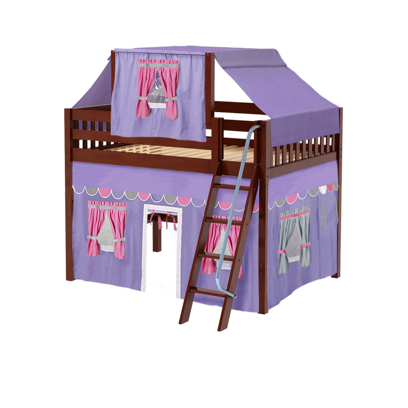Maxtrix Full Mid Loft Bed with Angled Ladder, Curtain + Top Tent