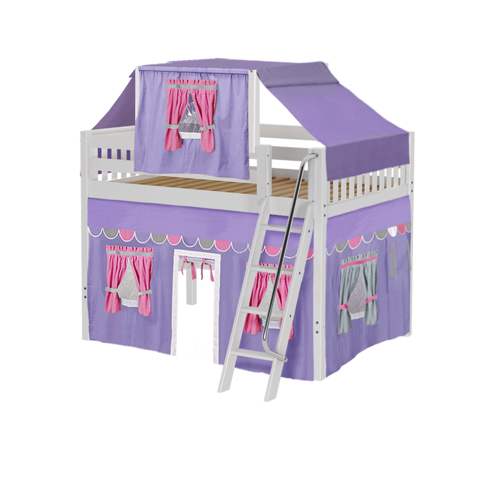 Maxtrix Full Mid Loft Bed with Angled Ladder, Curtain + Top Tent