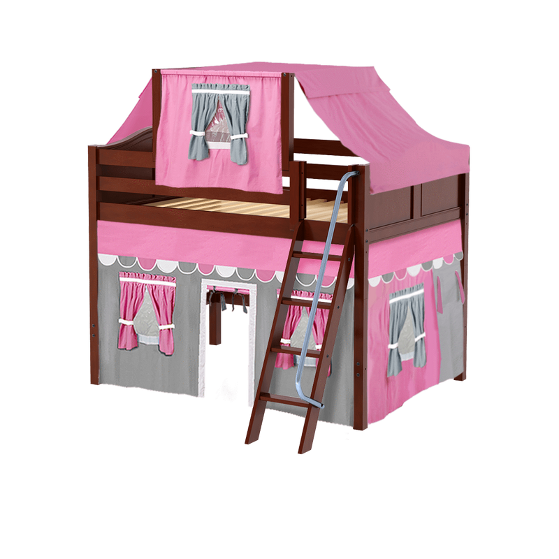 Maxtrix Full Mid Loft Bed with Angled Ladder, Curtain + Top Tent