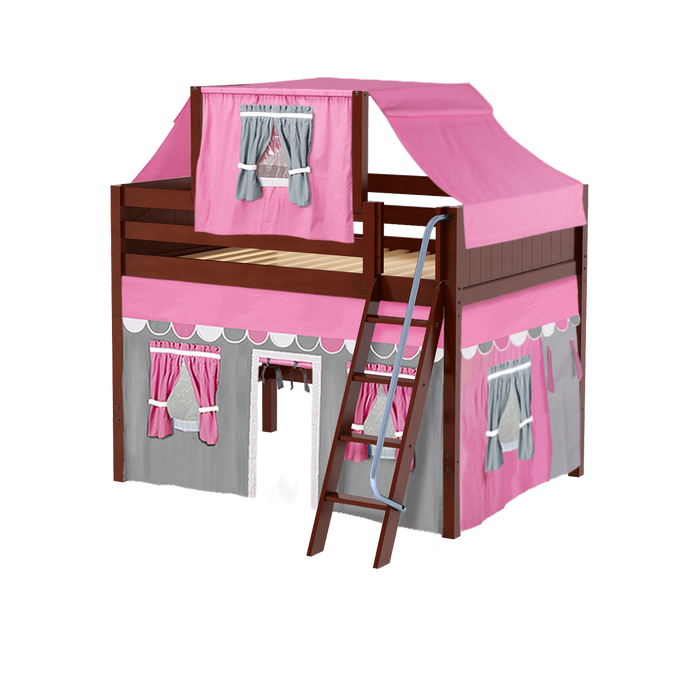 Maxtrix Full Mid Loft Bed with Angled Ladder, Curtain + Top Tent