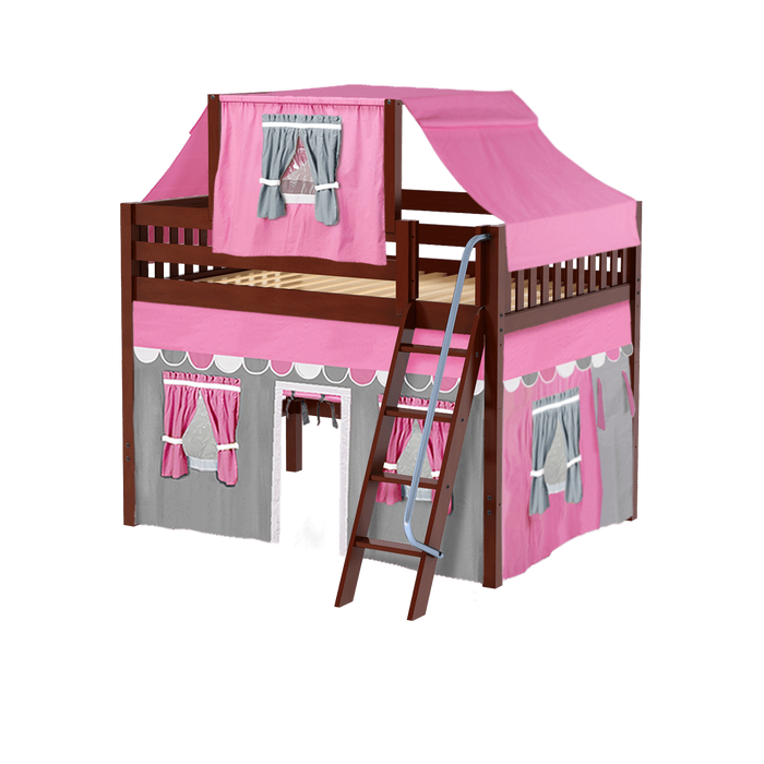 Maxtrix Full Mid Loft Bed with Angled Ladder, Curtain + Top Tent