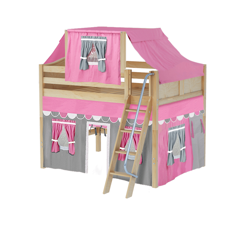 Maxtrix Full Mid Loft Bed with Angled Ladder, Curtain + Top Tent