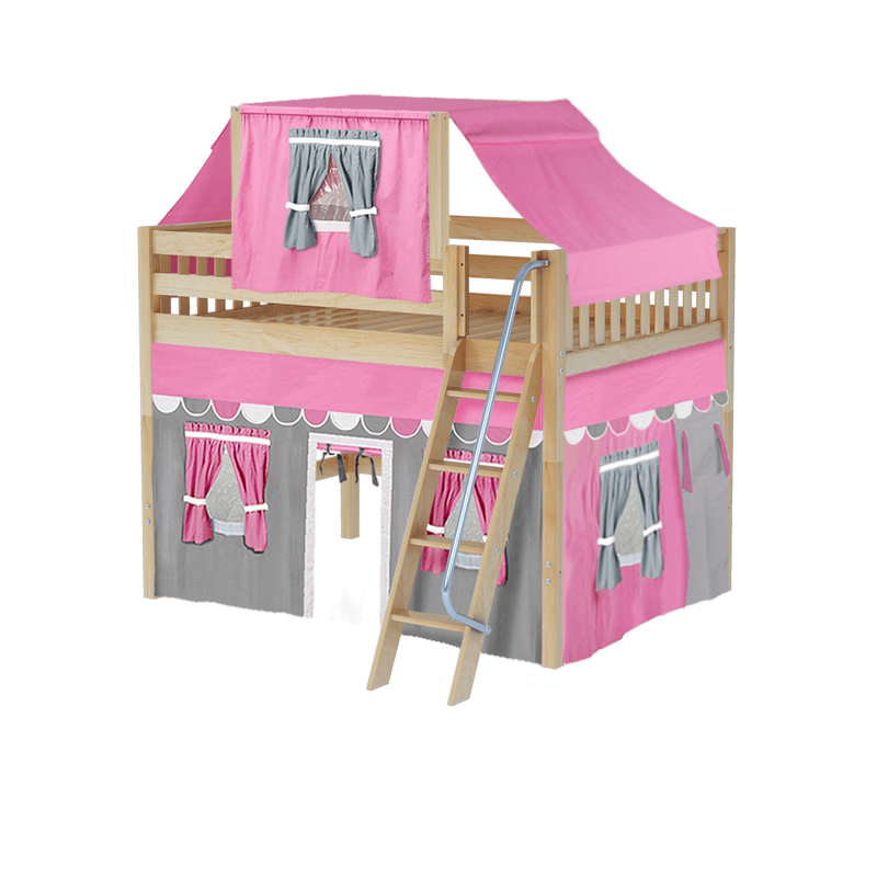 Maxtrix Full Mid Loft Bed with Angled Ladder, Curtain + Top Tent