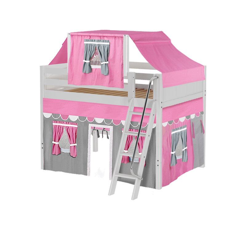 Maxtrix Full Mid Loft Bed with Angled Ladder, Curtain + Top Tent
