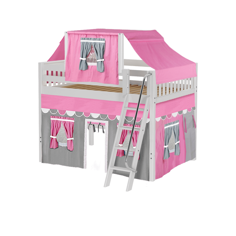 Maxtrix Full Mid Loft Bed with Angled Ladder, Curtain + Top Tent