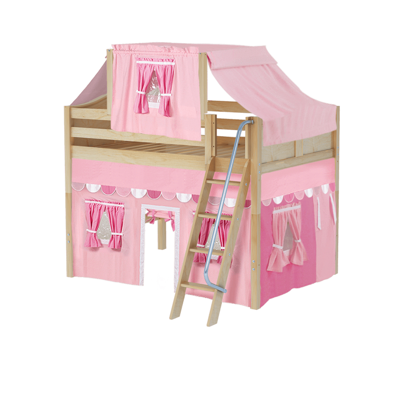 Maxtrix Full Mid Loft Bed with Angled Ladder, Curtain + Top Tent