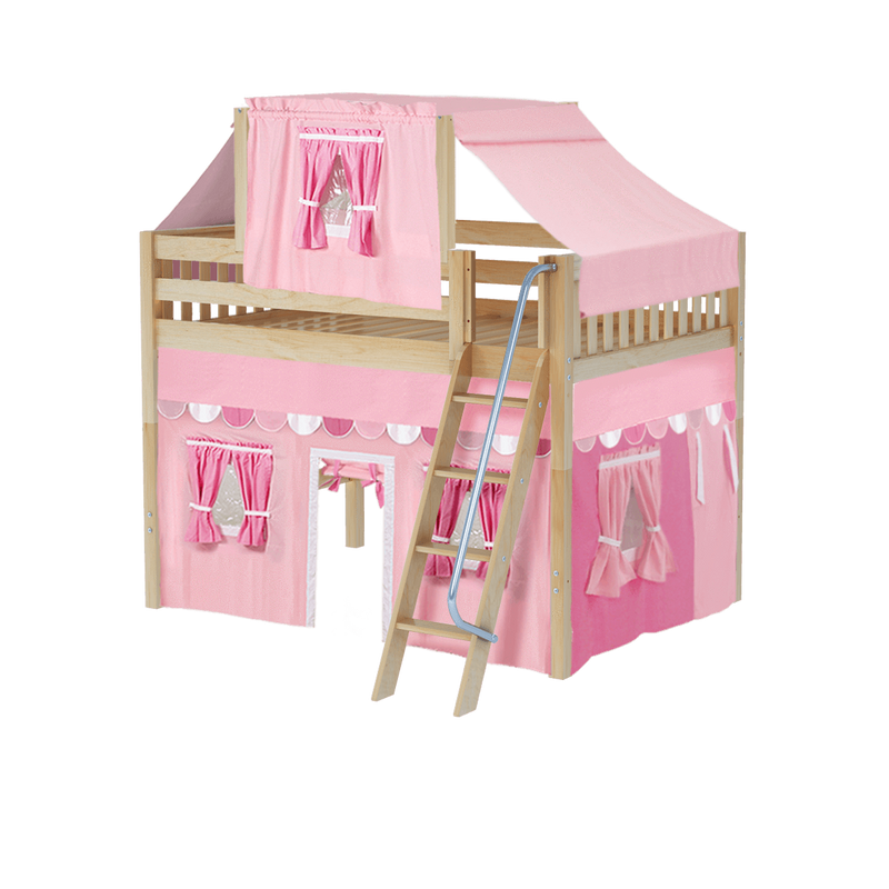 Maxtrix Full Mid Loft Bed with Angled Ladder, Curtain + Top Tent