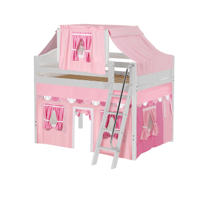 Maxtrix Full Mid Loft Bed with Angled Ladder, Curtain + Top Tent