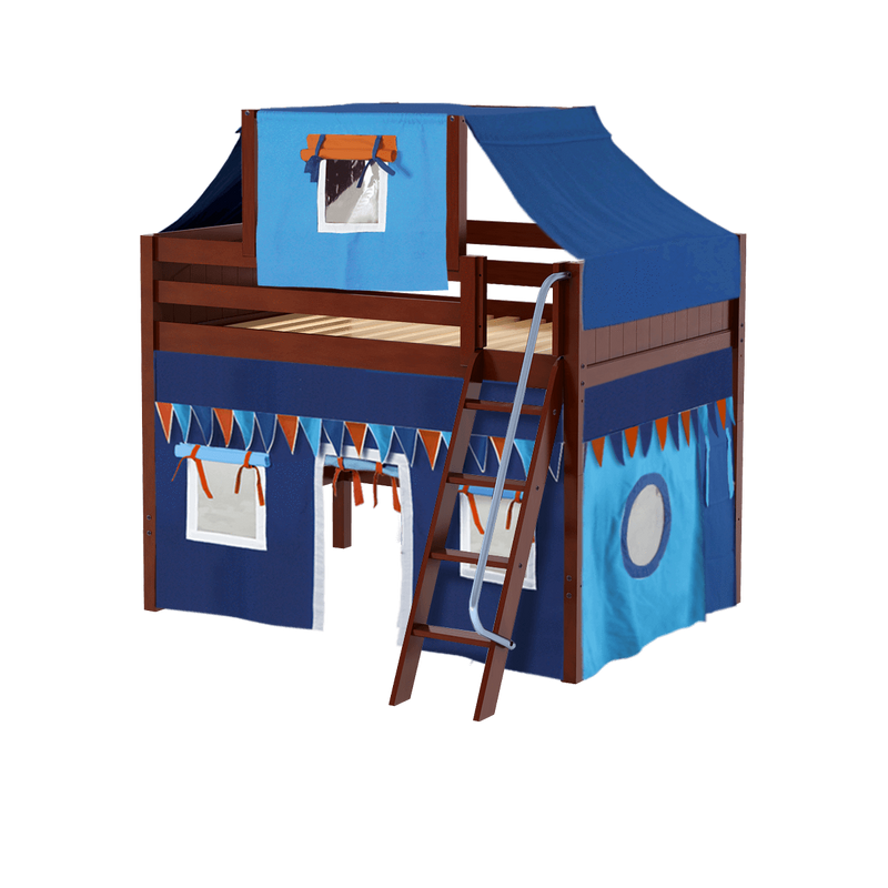 Maxtrix Full Mid Loft Bed with Angled Ladder, Curtain + Top Tent