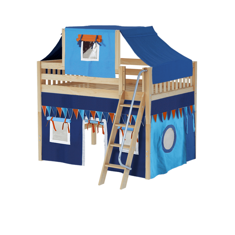 Maxtrix Full Mid Loft Bed with Angled Ladder, Curtain + Top Tent