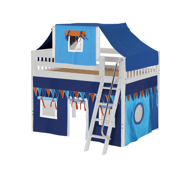 Maxtrix Full Mid Loft Bed with Angled Ladder, Curtain + Top Tent