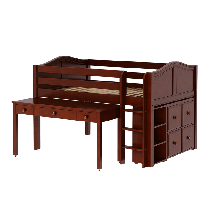 Maxtrix Full Low Loft Bed with Straight Ladder, Storage + Long Desk