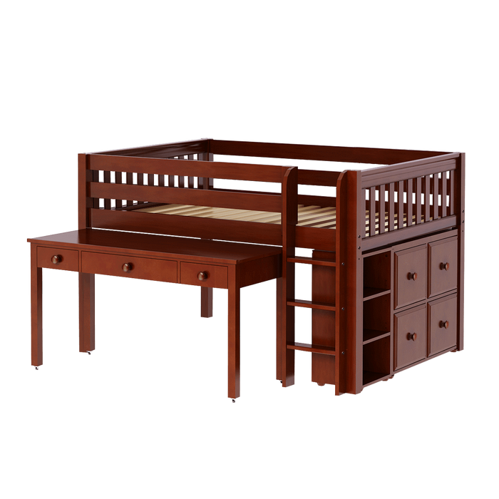 Maxtrix Full Low Loft Bed with Straight Ladder, Storage + Long Desk