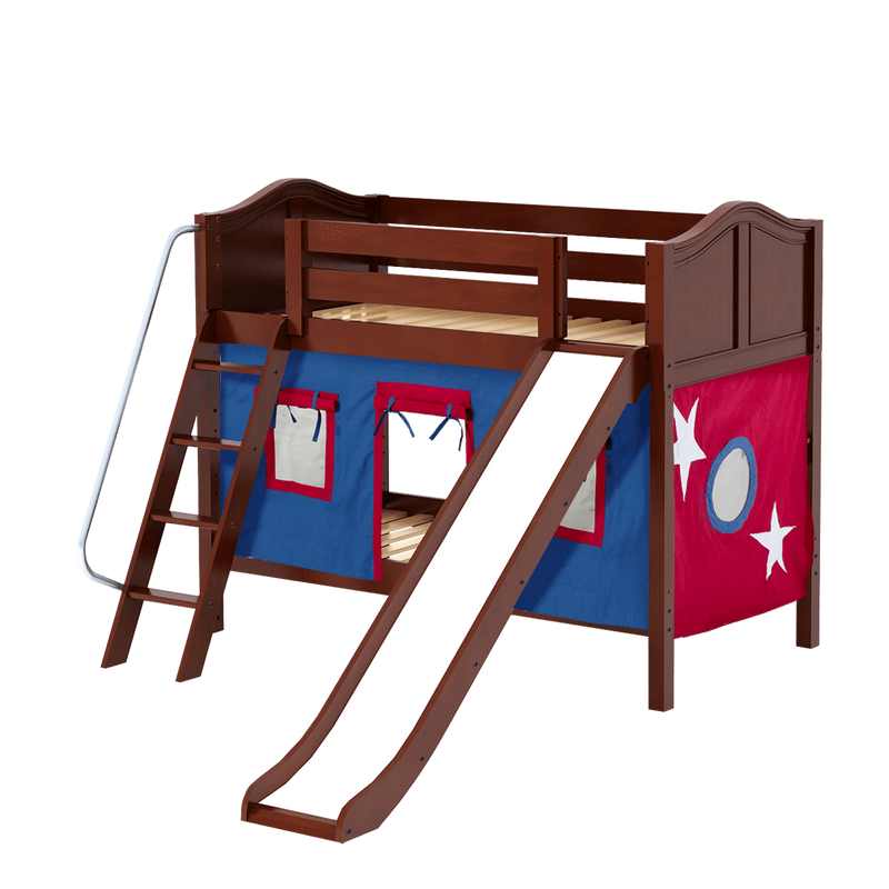Maxtrix Twin Low Bunk Bed with Angled Ladder, Curtain + Slide