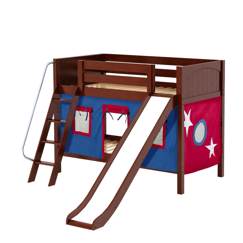 Maxtrix Twin Low Bunk Bed with Angled Ladder, Curtain + Slide