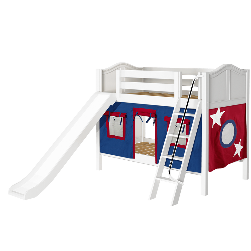 Maxtrix Twin Low Bunk Bed with Angled Ladder, Curtain + Slide