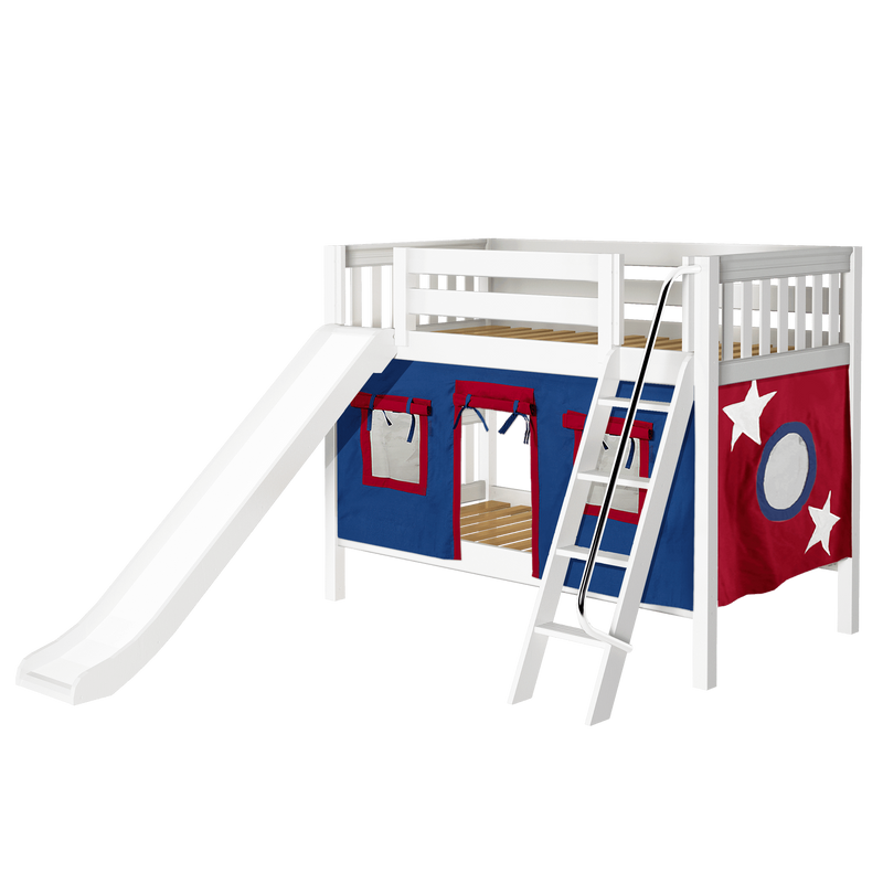 Maxtrix Twin Low Bunk Bed with Angled Ladder, Curtain + Slide