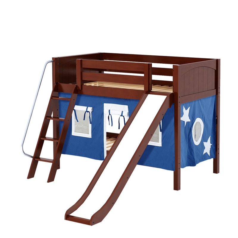 Maxtrix Twin Low Bunk Bed with Angled Ladder, Curtain + Slide