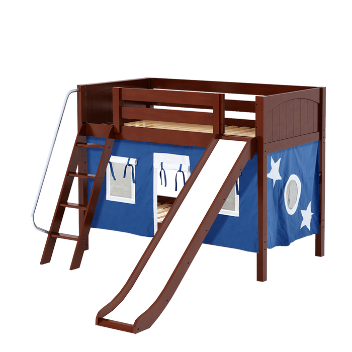 Maxtrix Twin Low Bunk Bed with Angled Ladder, Curtain + Slide
