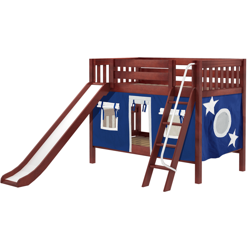 Maxtrix Twin Low Bunk Bed with Angled Ladder, Curtain + Slide