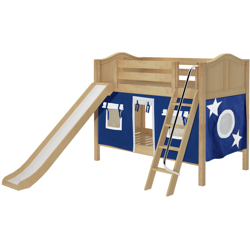 Maxtrix Twin Low Bunk Bed with Angled Ladder, Curtain + Slide