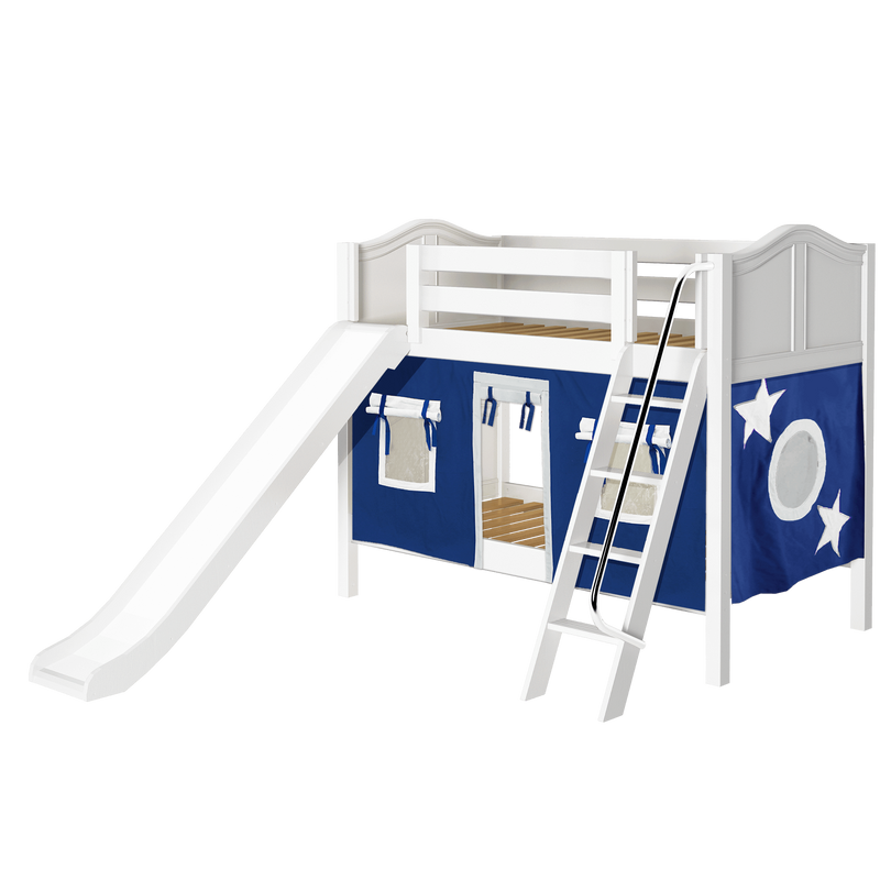 Maxtrix Twin Low Bunk Bed with Angled Ladder, Curtain + Slide