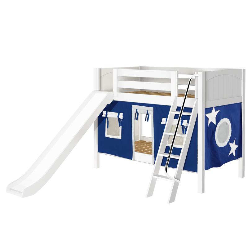 Maxtrix Twin Low Bunk Bed with Angled Ladder, Curtain + Slide